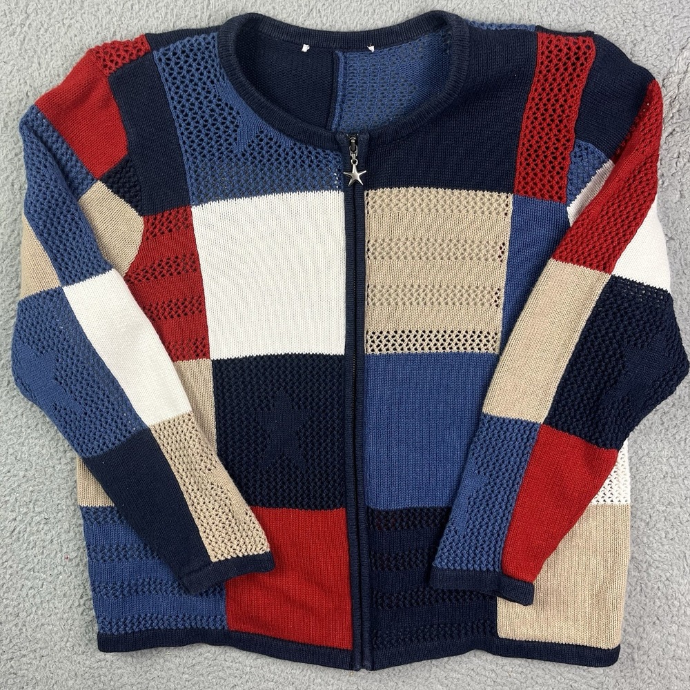 Vintage‎ CJ Banks Sweater Womens Red White & Blue Y2K Zip Cardigan Color Block